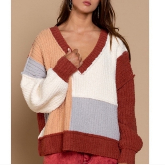 POL Plush Soft Chennile Color block Sweater V -neck - Picture 2 of 10